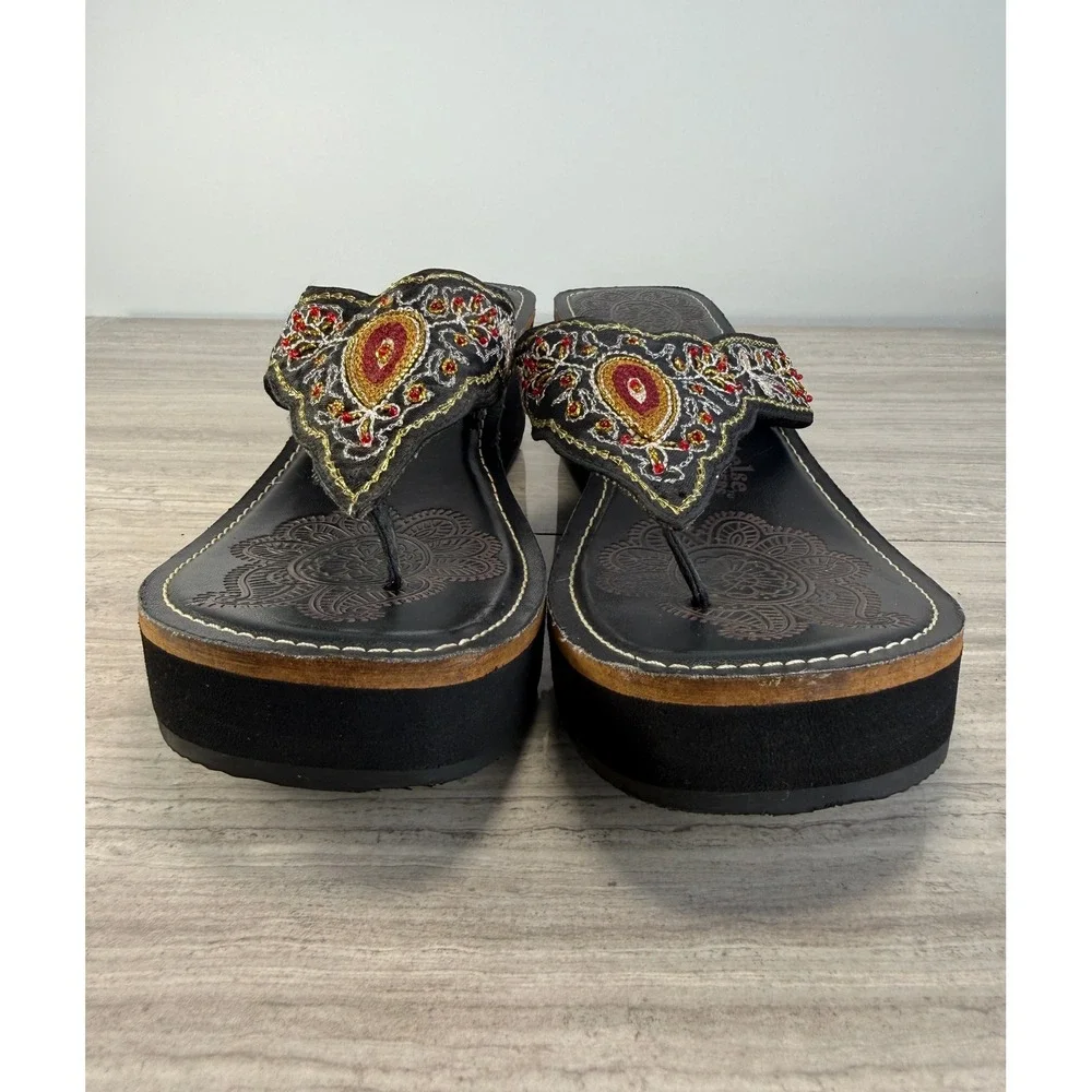 Skechers Somethin Else Vintage Y2K Boho Embroidered Leather Wedge Sandals 8.5